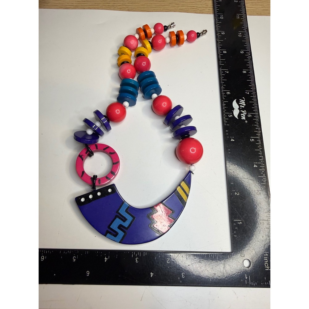 Vintage 80s Memphis Design Geometric Statement Necklace Colorful Resin Chunky